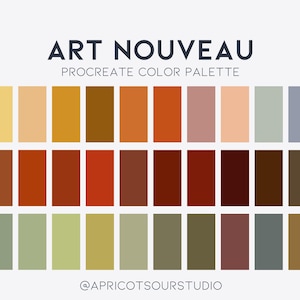 Pode incluir: Uma paleta de cores de arte digital intitulada "ART NOUVEAU PROCREATE COLOR PALETTE". A paleta apresenta uma grade de amostras de cores retangulares em tons de amarelo, laranja, castanho, vermelho, rosa, verde e cinza. @apricotsourstudio está na parte inferior.