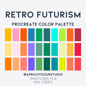 Könnte beinhalten: Eine Farbpalette mit 18 verschiedenen Farbmustern. Die Farben sind in drei Reihen mit jeweils sechs angeordnet. Die Farben sind eine Mischung aus leuchtenden und Pastellfarben, darunter Gelb, Orange, Rosa, Blau, Grün und Rot. Der Text "Retro Futurism" befindet sich oben im Bild, und der Text "Procreate Color Palette" darunter. Der Text "@apricotsourstudio" befindet sich unten im Bild, und der Text ".SWATCHES FILE HEX CODES" darunter.