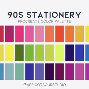 Può includere: Una tavolozza di colori digitale per Procreate con 30 colori ispirati alla cancelleria degli anni '90. I colori includono sfumature di rosso, rosa, giallo, verde, blu, viola e arancione. La tavolozza è intitolata "Tavolozza di colori Procreate Cancelleria anni '90" e viene attribuita a @Apricotsourstudio.