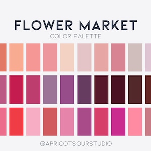 May include: A colour palette labelled "Flower Market" featuring a range of pink, peach, and purple shades. The palette includes hues from pale blush to deep magenta, arranged in a grid. The text "Color Palette" is below the title, and the Instagram handle @apricotsourstudio is at the bottom.