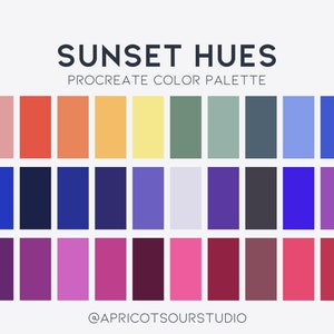 May include: A digital colour palette for Procreate featuring 30 sunset hues. The colours range from warm peach and orange to cool blues and purples. The palette is titled "Sunset Hues" and includes the artist's social media handle, @Apricotsourstudio.