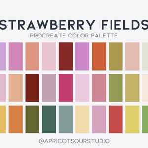Könnte beinhalten: Eine Procreate-Farbpalette mit dem Titel "Strawberry Fields" mit 28 rechteckigen Farbfeldern in Rosa-, Rot-, Orange-, Grün- und Gelbtönen. Der Text "Procreate Color Palette" steht unter dem Titel. Der Instagram-Handle @apricotsourstudio befindet sich unten.
