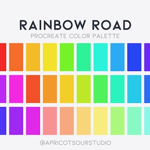 Könnte beinhalten: Eine Farbpalette für die Procreate-App, die einen Regenbogen aus Farben zeigt. Die Palette heißt "Rainbow Road" und wurde von @Apricotsourstudio erstellt.