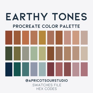 Może przedstawiać: Cyfrowa paleta kolorów z 24 ziemistymi odcieniami, w tym odcieniami brązu, zieleni, błękitu i szarości. Paleta jest oznaczona jako "Earthy Tones Procreate Color Palette" i zawiera nazwę profilu w mediach społecznościowych "@apricotsourstudio".
