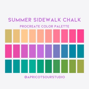 Può includere: Una tavolozza colori Procreate intitolata "Summer Sidewalk Chalk" con una varietà di colori vivaci. La tavolozza include tonalità di giallo, arancione, rosa, viola, blu e verde. Il testo "@apricotsourstudio" è in basso.