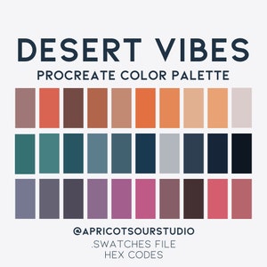 Könnte beinhalten: Eine digitale Farbpalette mit dem Titel "Desert Vibes" und dem Text "Procreate Color Palette" in weißer Schrift auf hellgrauem Hintergrund. Die Palette enthält 24 Farbfelder in Braun-, Orange-, Blaugrün-, Blau-, Grau-, Lila- und Rosatönen.