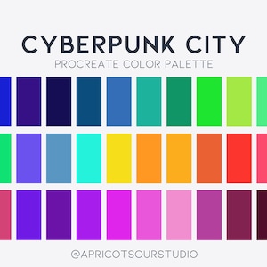 May include: A digital art color palette titled "CYBERPUNK CITY" with a variety of vibrant colors. The palette includes shades of blue, purple, green, yellow, orange, and pink, arranged in rectangular blocks. The text "PROCREATE COLOR PALETTE" is also present.