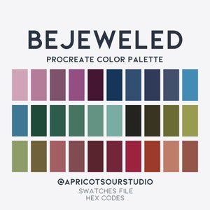 Może przedstawiać: Paleta kolorów z tytułem "BEJEWELED PROCREATE COLOR PALETTE" i tekstem "@APRICOTSOURSTUDIO .SWATCHES FILE HEX CODES" na dole. Paleta zawiera 24 próbki kolorów w odcieniach różowego, fioletowego, niebieskiego, zielonego, brązowego i czerwonego.