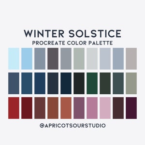 Könnte beinhalten: Eine Farbpalette für die App Procreate, inspiriert von der Wintersonnenwende. Die Palette enthält Farbtöne in Blau, Grün, Grau, Rot, Braun und Lila.