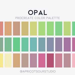 May include: A Procreate color palette titled "OPAL" with a variety of pastel colors. The palette includes shades of peach, yellow, green, blue, and purple. The text "@APRICOTSOUSTUDIO" is at the bottom.
