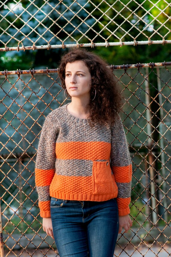 Orange Cropped Sweater, Size M Jumper, Women's Pullover With