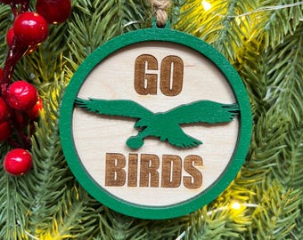 Wooden Eagles “Go Birds” Ornament | Layered Birch Wood Philadelphia Eagles Ornament | Philly Football Christmas Decor | Handmade in Media PA