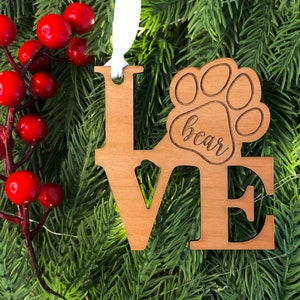 Personalized Pet Love Ornament | Custom Dog or Cat Name Ornament | Paw Print LOVE Design | Laser Engraved Wooden Ornament