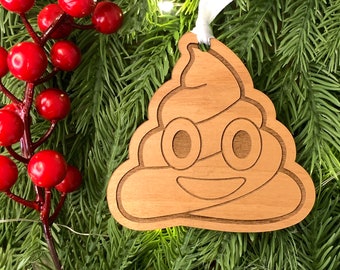 Poop Emoji Ornament | Funny Christmas Ornament | Laser Engraved Wooden Emoji Ornament | Gag Gift