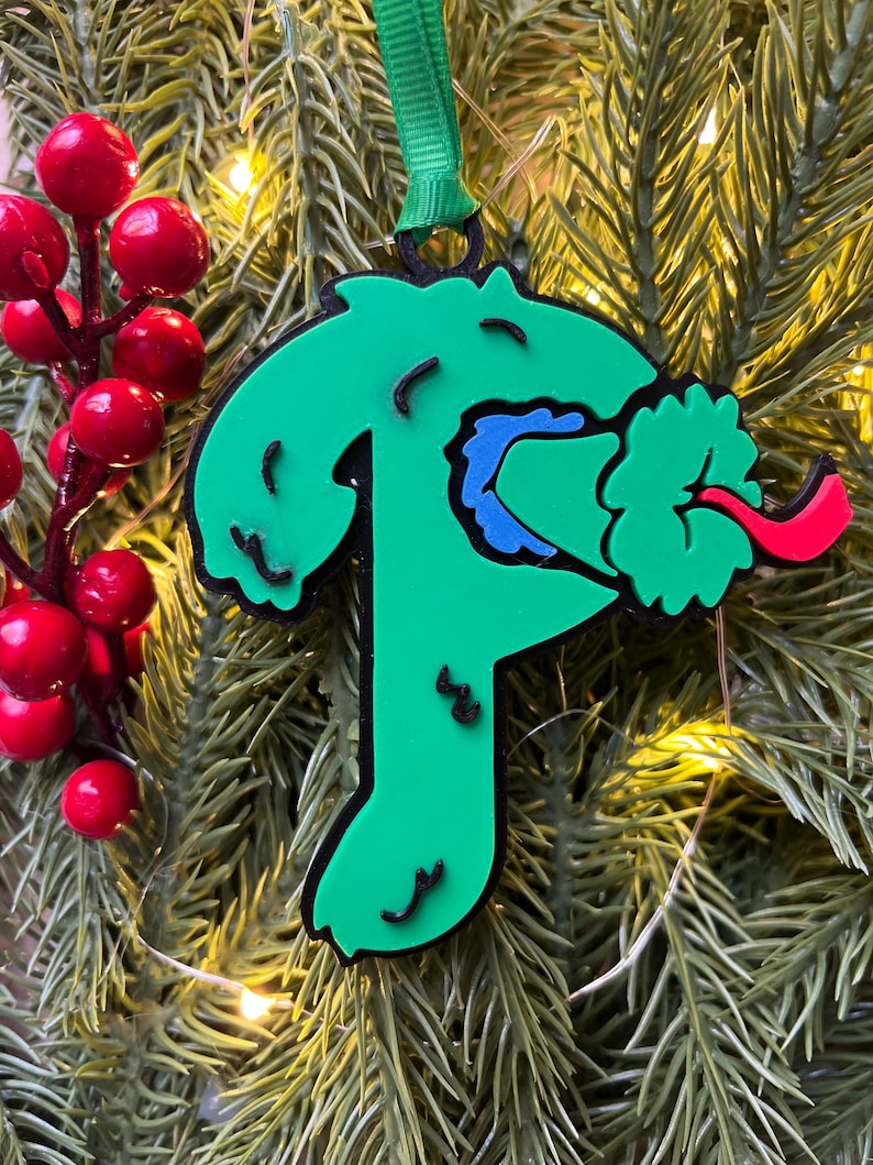 Philly Phanatic Ornament | Philadelphia Phillies “P” Ornament | 3D Printed Philly Sports Gift | Funny Green Christmas Ornament | Media Pa image 1