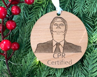 Dwight Schrute CPR Certified Ornament | The Office Inspired Christmas Ornament | Funny Wooden Laser Engraved Ornament | Handmade in Media PA