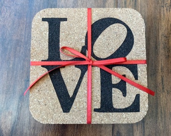 Philadelphia LOVE Cork Coasters | Set of 4 | Philly Home Decor Gift | Absorbent Drink Coasters | Handmade in Media PA