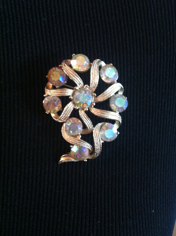 Kramer Marked Vintage Brooch Gold Flower with Sto… - image 2