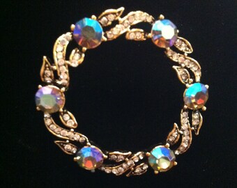 Gold Plated Weiss Wreath Brooch with Aurora Borealis stones