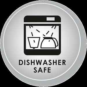 May include: A black and white icon of a dishwasher with a coffee pot and a cup inside. The text "DISHWASHER SAFE" is below the icon.