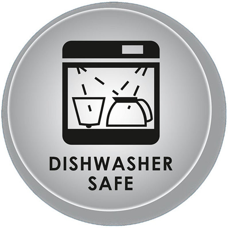 May include: A circular, grey icon featuring a black graphic of a dishwasher, a cup, and a carafe. The text "DISHWASHER SAFE" is printed in bold, white letters at the bottom of the icon.