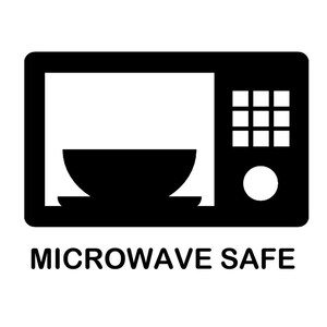 May include: Black and white icon of a microwave with a bowl inside, with the text "MICROWAVE SAFE" below.