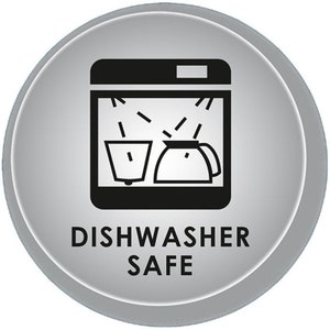 May include: A white circle with a black dishwasher safe icon and the text "DISHWASHER SAFE".