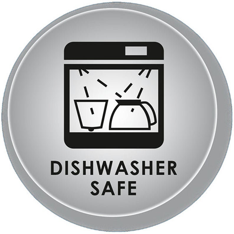 May include: A white circle with a black dishwasher safe icon and the text "DISHWASHER SAFE".