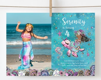 Mermaid Photo Invitation, African American Mermaid Birthday Photo Invitation, Editable Mermaid Invite, Girl Party, Instant Download