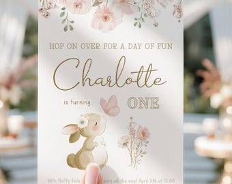 Bunny First Birthday Invitation: Floral Spring Garden Party (Digital Download, Editable Corjl Template)