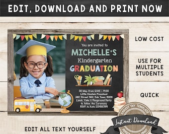 Kindergarten Graduation Invitation with Photo for a Boy or Girl, Editable Preschool Graduation Invite, DIY Printable Graduation Invite 2023