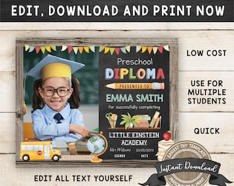 Editable Preschool Graduation Diploma with Photo, Change to Any Grade, INSTANT DOWNLOAD, DIY Printable Preschool Certificate