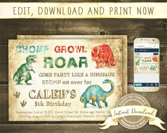May include: A dinosaur-themed birthday party invitation with the words "Chomp Growl Roar" and illustrations of dinosaurs. The invitation includes the text "Come party like a dinosaur" and details for Caleb's 5th birthday.