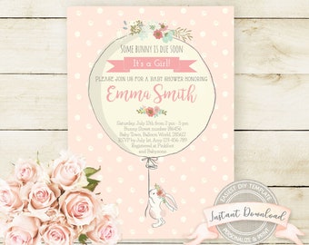 Könnte beinhalten: Eine Babyparty-Einladung mit rosa Pünktchen-Hintergrund. Die Einladung enthält den Text "Some Bunny is Due Soon" und "It's a Girl!" mit dem Namen "Emma Smith". Ein Hase hält einen Ballon. Enthält den Text "Instant Download".