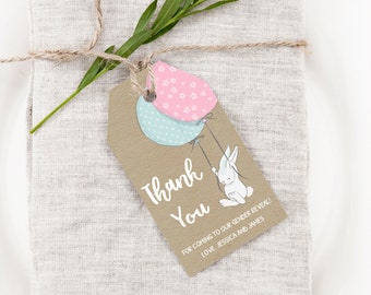 Bunny Gender Reveal Thank You Cards, Instant Access, Editable and Printable by you with Corjl, Bunny Favor Tags, DIY Bunny Party Favors