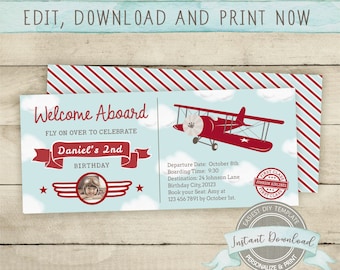 Airplane Ticket Birthday Invitation with Photo, Editable Airplane Invitation, Printable Airplane Birthday Invite, Boy Party Invitation