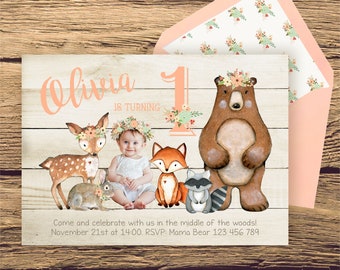 Woodland Birthday Photo Invitation for a Girl, Floral Forest Animals Invite, Forest Friends, DIGITAL Printable Invite, Coral and Turquoise