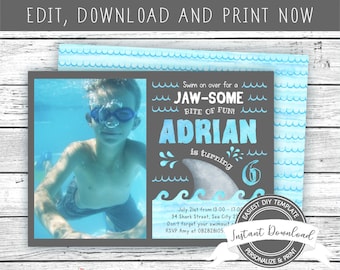 May include: A birthday party invitation with a photo of a boy in a pool wearing goggles. The invitation has a gray background with blue text that reads "JAW-SOME BITE OF FUN!" and "ADRIAN is turning 6". The invitation also includes event details.