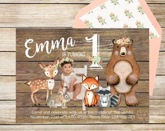 Woodland Boho Birthday Invitation for a Girl, Forest Animals Floral Invite, DIGITAL Printable Invite, Woodland Birthday Invitation