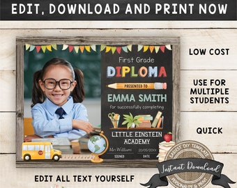 Editable First Grade Diploma with Photo, Change to Any Grade, INSTANT DOWNLOAD, Printable Primary School Certificate, DIY Graduation Diploma
