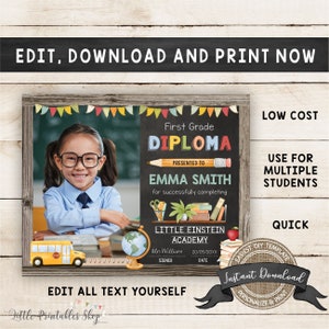 Editable First Grade Diploma with Photo, Change to Any Grade, INSTANT DOWNLOAD, Printable Primary School Certificate, DIY Graduation Diploma