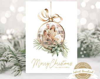 Christmas Photo Card, Editable Christmas Card, Photo Christmas Card Template, Printable Modern Family Christmas Card, Bauble Christmas Card