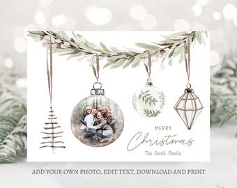 Editable Christmas Photo Card, Boho Christmas Card, Minimalist Christmas Card Template, Modern Christmas Card, Bauble Christmas Card