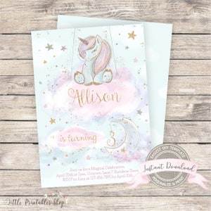 May include: A light blue birthday invitation featuring a watercolor unicorn on a cloud, with gold stars and a crescent moon. The invitation reads "Allison is turning 3" and includes event details. The words "Instant Download" are also visible.