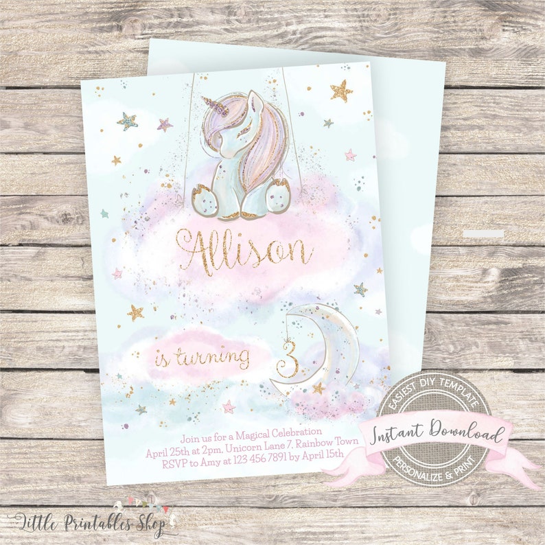 May include: A light blue birthday invitation featuring a watercolor unicorn on a cloud, with gold stars and a crescent moon. The invitation reads "Allison is turning 3" and includes event details. The words "Instant Download" are also visible.