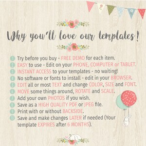 May include: A light wood-toned background with text that reads "Why you'll love our templates!" and a list of features. The image includes floral accents, bunting, and a bunny holding balloons. The text highlights ease of use and customization.