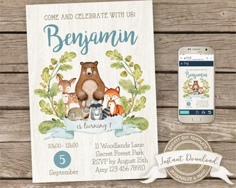 Woodland Birthday Invitation for a Boy, Instant Download, Editable and Printable by you with Corjl