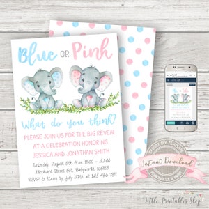 K&ouml;nnte beinhalten: Eine Babyparty-Einladung mit dem Text "Blau oder Rosa" und zwei Zeichentrick-Elefanten. Die Einladung enth&auml;lt Veranstaltungsdetails und ein passendes Tupfenmuster auf der R&uuml;ckseite. Ein Telefon zeigt ein &auml;hnliches Design.