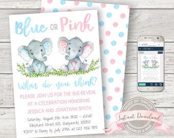 May include: A baby shower invitation with the text "Blue or Pink" and two cartoon elephants. The invitation includes event details and a matching polka dot pattern on the back. A phone displays a similar design.