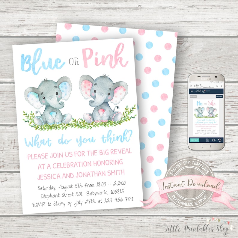 K&ouml;nnte beinhalten: Eine Babyparty-Einladung mit dem Text "Blau oder Rosa" und zwei Zeichentrick-Elefanten. Die Einladung enth&auml;lt Veranstaltungsdetails und ein passendes Tupfenmuster auf der R&uuml;ckseite. Ein Telefon zeigt ein &auml;hnliches Design.